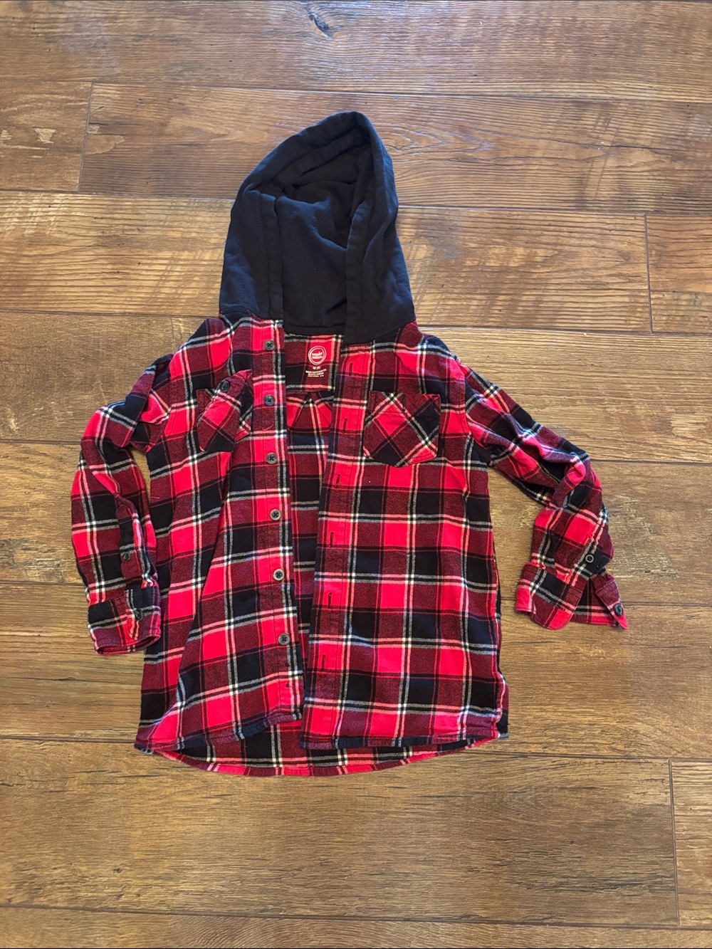 wonder nation Red and Black Plaid Hooded Button-Down Shirt
